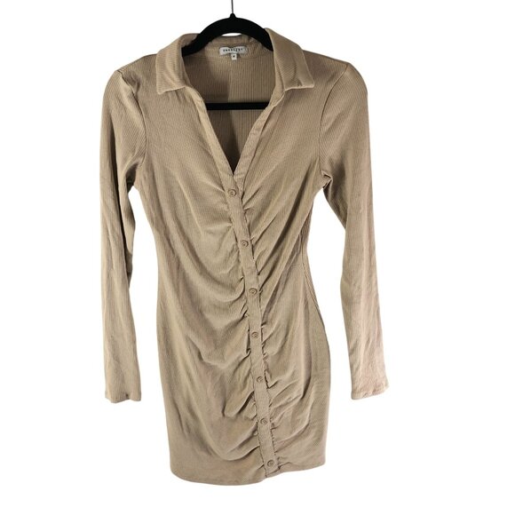 Crescent Shirt Dress Ribbed Button Detail Long Sleeve Bodycon Stretch Beige M - Picture 1 of 4
